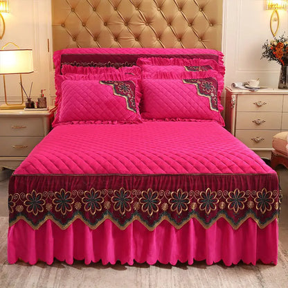 European Luxury Quilted Bed Skirt Winter Warm Thicken Velvet Bedspread King Good Hand Feeling Bed Skirt Not Included Pillowcase