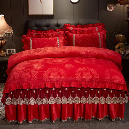 AI WINSURE-Europe Lace Velvet 4pcs Bedding Set, Embossed Duvet Cover, Quilted Bedspread, Soft, with 2 Pillowcases, for Winter