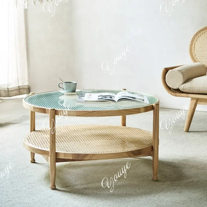 J Modern Simple Small Apartment Size Round Table Combination Household Solid Wood Rattan Coffee Table Living Room Double Round