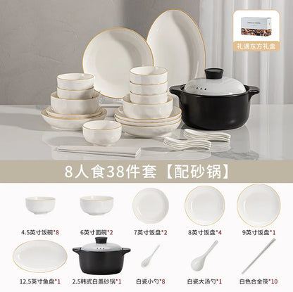 korean style white plates dinner sets ceramic gold rim 8 person dinner sets full set Casserole vajillas completa Bowl set