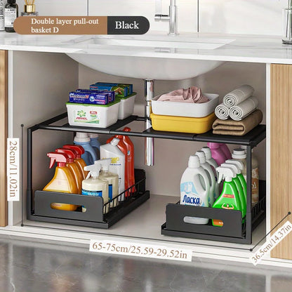 Double layered storage rack under sink - adjustable sliding rail with wire sliding pull, can store more things and save space