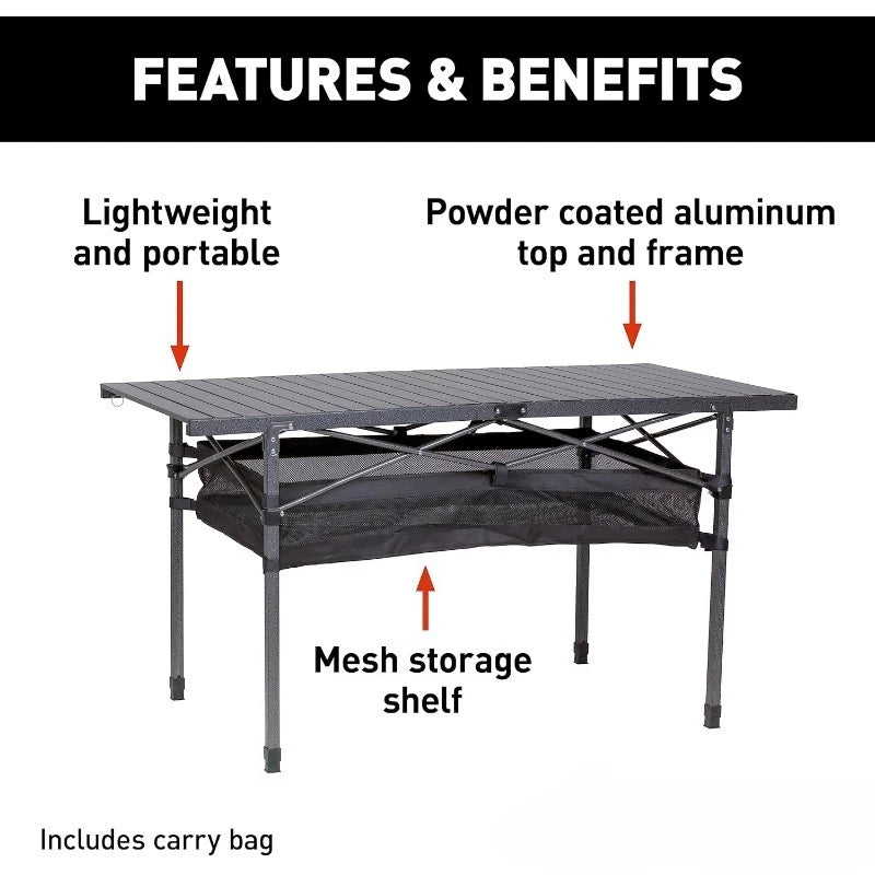 Camping Dining Table, Slatted Aluminum Tabletop, Foldable Design, Heavy-Duty Steel Legs, Powder-Coated Protection, Mesh