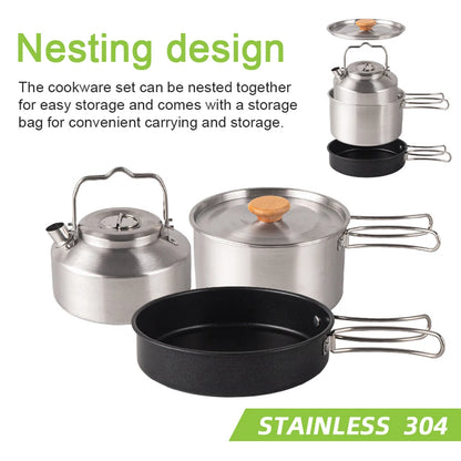 Camping Cookware Set Outdoor Picnic Cookware Kit Stainless Steel Pot Frying Pan Kettle Set Travel Cooking Accessory
