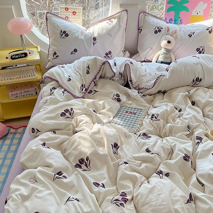 Korean Floral Style Bedding Set Washed Cotton Bed Flat/Fitted Sheets Set Duvet Cover Bed Linen Pillowcase Full Double Queen King