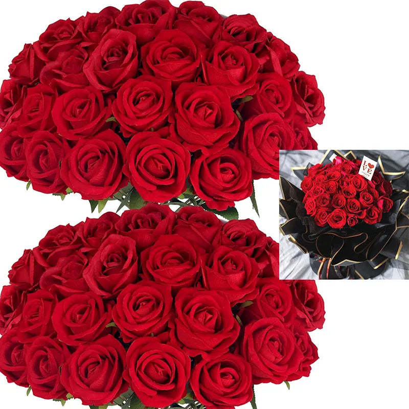 50 Pcs Velvet Rose Artificial Rose Flowers Real Touch Fake Roses Florals for Valentine's DIY Wedding Bouquet Party Home Decor