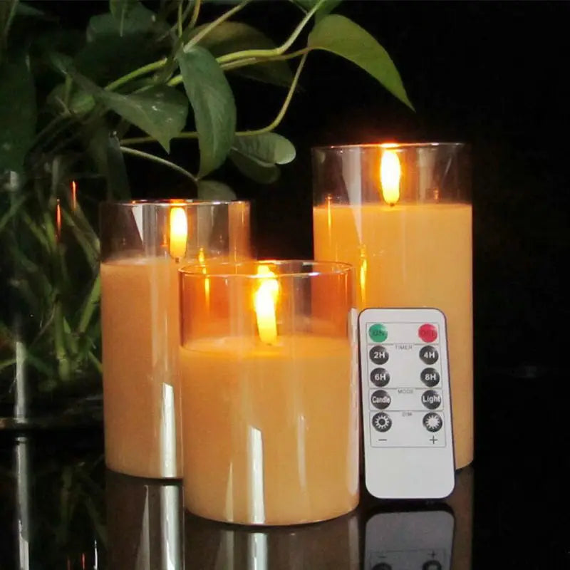 Rechargeable Remote or Not Remote Glass tube 3D wick LED Pillar Candle Light Candles Home Wedding Party Table Decoration-Amber