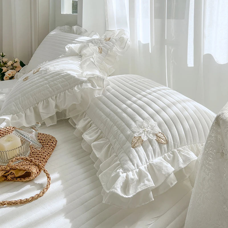 Elegant Handmade Flowers Quilted Washed Cotton Lace Princess Bedspread Coverlet Queen Double Mattress Cover Bed Sheet Quilts