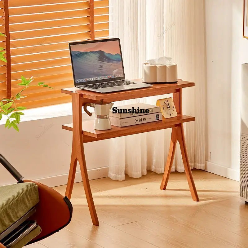 Vintage Solid Wood Side Table & Bookshelf Set: Mid-Century Herringbone Flower Stand, Minimalist Study Table