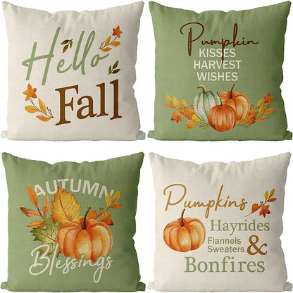 Decorative Thanksgiving Cushion Case Hello Fall Green Pillow Covers Pumpkin Maple Leaves, Thanksgiving Decorations, Set of 4