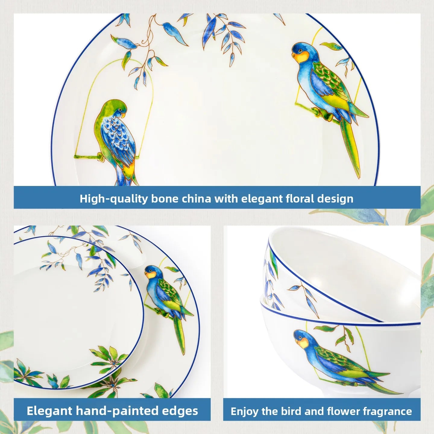 Miroco Luxury Porcelain Dinnerware Set Parrot Pattern Ele round Di Deep cm for Adult Home Use High Quali Bone China
