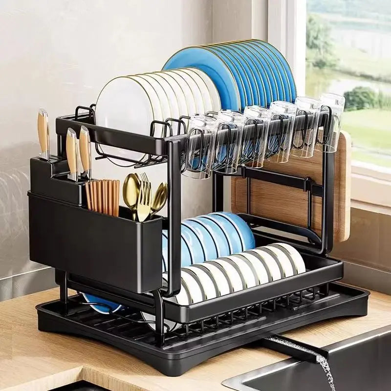 Dish Drainer Rack, Double-Layer Tray Storage Rack, Sturdy and Durable Cutting Board Rack and Utensil Rack, Can Be Used to Hold Cups, Pots, and Chopsticks, Suitable for Home Kitchens.
