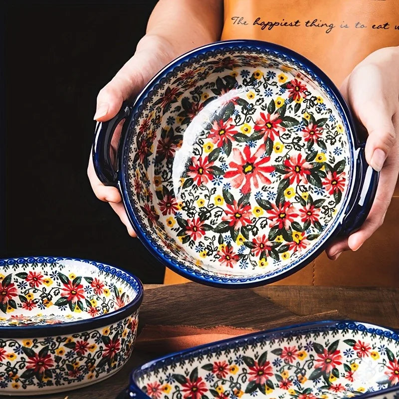 3-Piece Ceramic Baking Dish Set, Hand-Painted Floral Embossed Design, Oven & Microwave Safe Casserole for Cooking, Serving, Sala