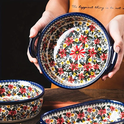 3-Piece Ceramic Baking Dish Set, Hand-Painted Floral Embossed Design, Oven & Microwave Safe Casserole for Cooking, Serving, Sala