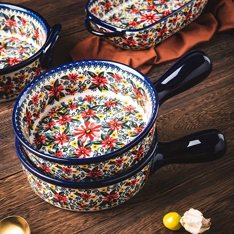 3-Piece Ceramic Baking Dish Set, Hand-Painted Floral Embossed Design, Oven & Microwave Safe Casserole for Cooking, Serving, Sala