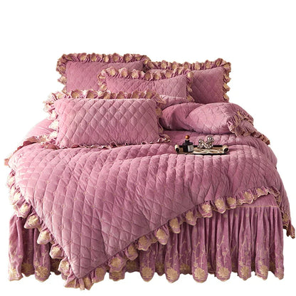 AI WINSURE-Luxury Embroidery Velvet Bedding Set, Quilted Skirted Bedspread with 2 Pillowcases, Queen Double Bed Duvet Cover, 4PC