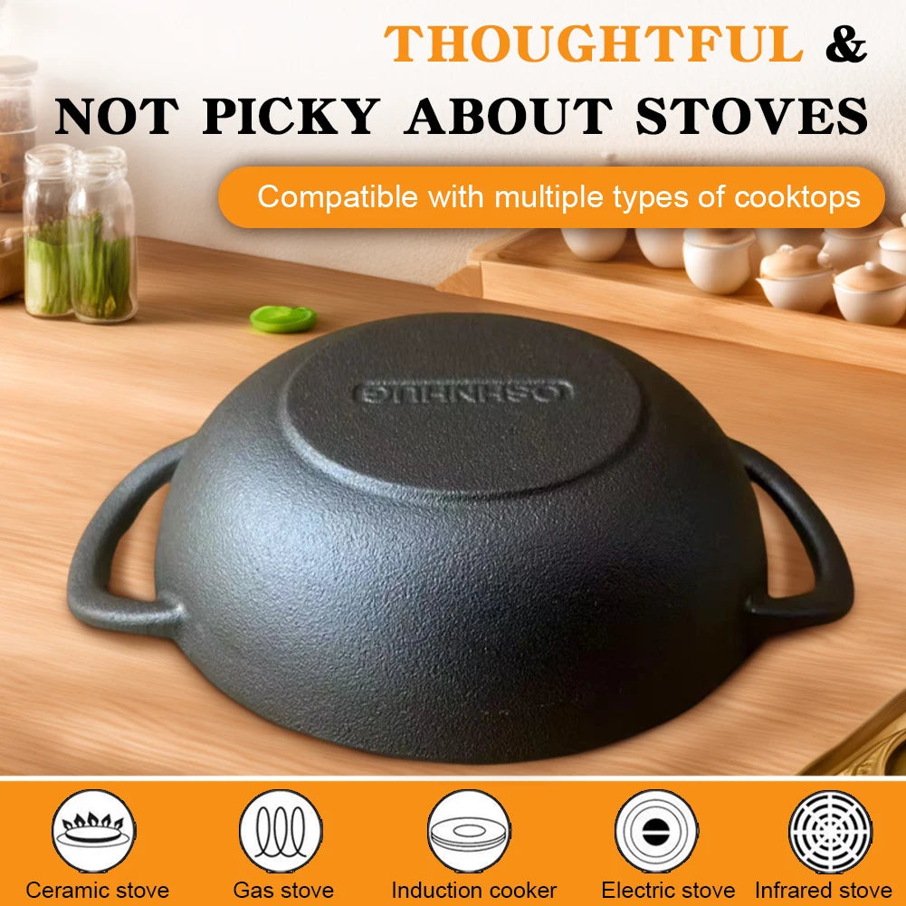 Cast Iron Pan Cooking Pot with 2 Handles Saute Pan Multi-Purpose Non-Stick Frying Pan 19cm for Camping Cooking