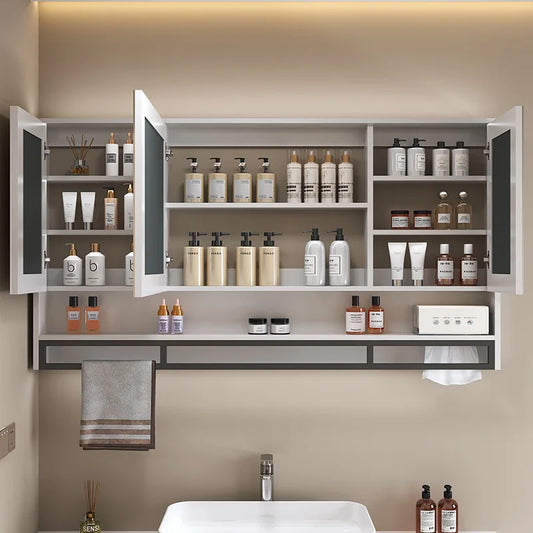 Bathroom Mirror Cabinet Wall Mounted LED Waterproof Aluminum Medicine Cabinet with Storage Shelf Towel Rod for Home Bathroom