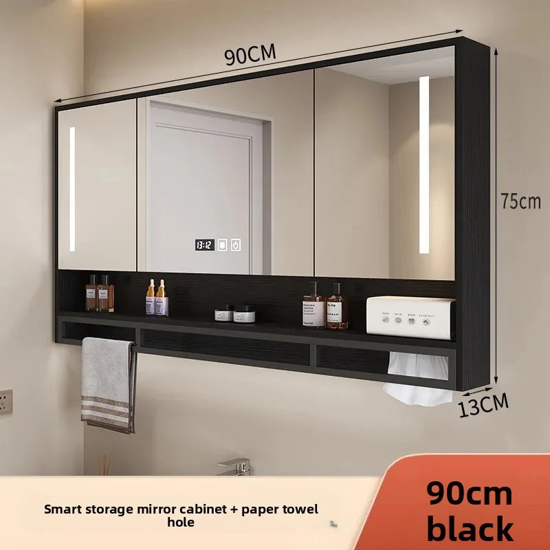 Bathroom Mirror Cabinet Wall Mounted LED Waterproof Aluminum Medicine Cabinet with Storage Shelf Towel Rod for Home Bathroom