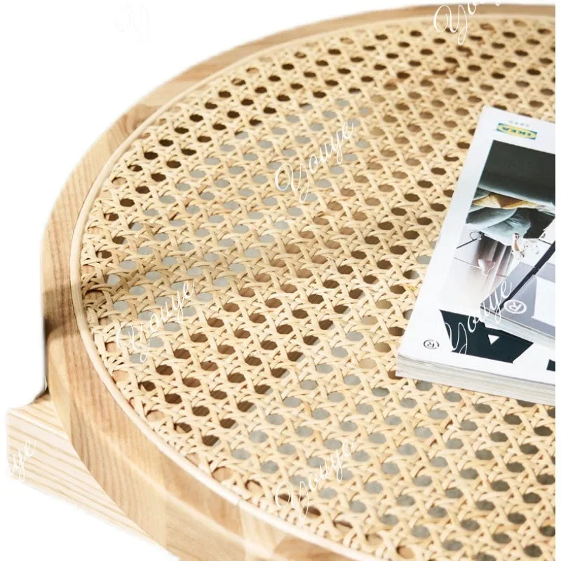 J Modern Simple Small Apartment Size Round Table Combination Household Solid Wood Rattan Coffee Table Living Room Double Round