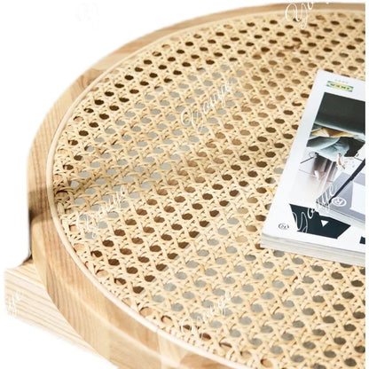 J Modern Simple Small Apartment Size Round Table Combination Household Solid Wood Rattan Coffee Table Living Room Double Round