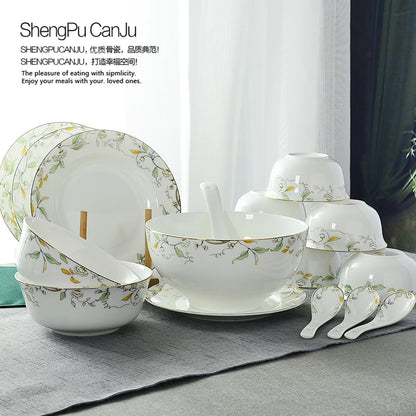26-piece set, fine bone china porcelain dinnerware set, leaf paining, bowl and plate set, kitchen dinner serving, tableware gift