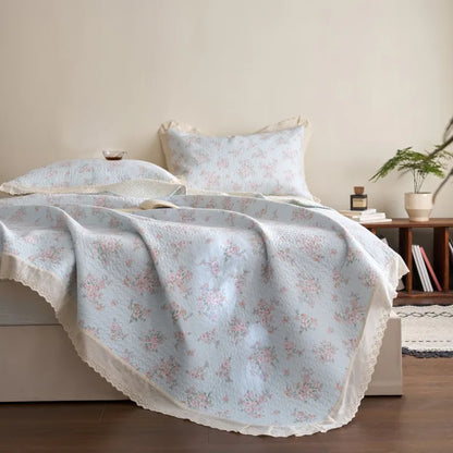 Flower Printed Bed Cover with Lace French Style Washed Cotton Bedspreads Quilted cobre leito de casal Comfortable and Soft 이불패드