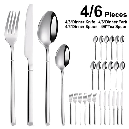 4/6/16/24 Pieces Cutlery Set Stainless Steel Thin Tableware Mirror Elegant Knife Fork Spoon Western Dinner Set Sliverware