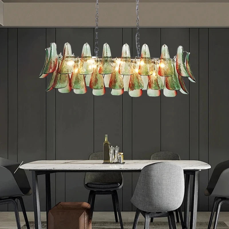 Modern living room chandelier with green glass lustre, suitable for study and dining room ceiling lighting, dimmable.