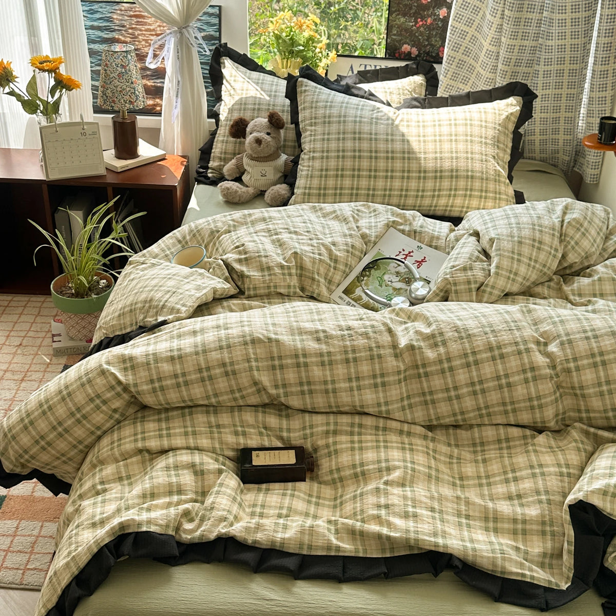 Plaid Bedding Set Double Yarn Classic Vintage Duvet Cover Set Flat Sheets Set 2 Pillowcases Single Twin Full Queen Size