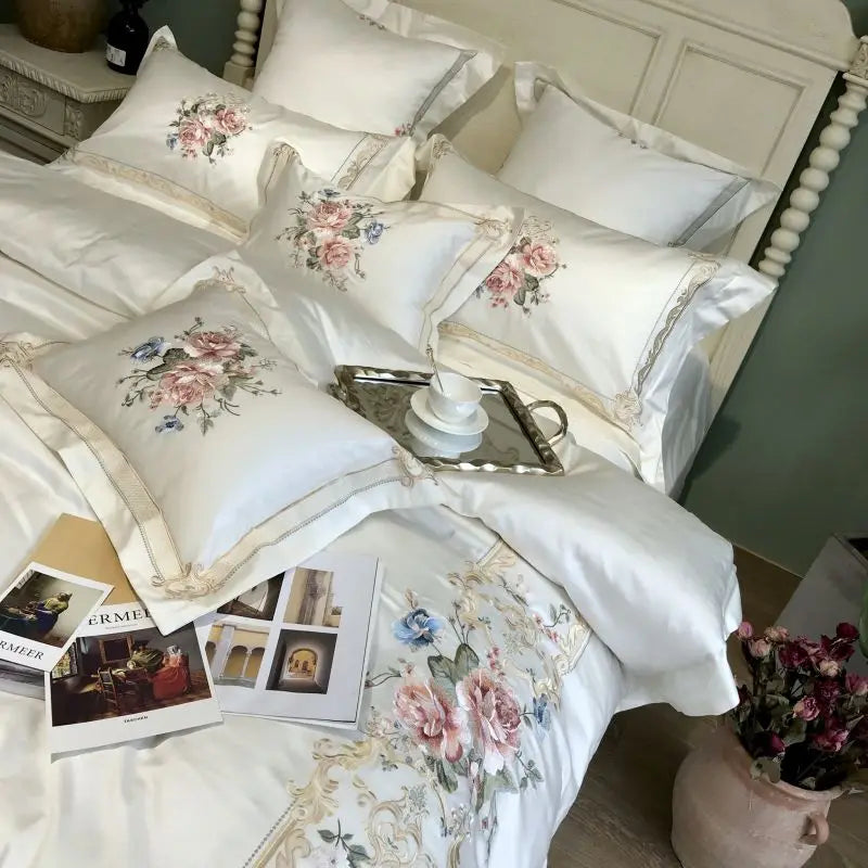 4/7Pcs White Luxury 1000TC Egyptian Cotton Flowers Embroidery Bedding Set Duvet Cover Bed Sheet/Fitted Bed Sheet Pillowcases