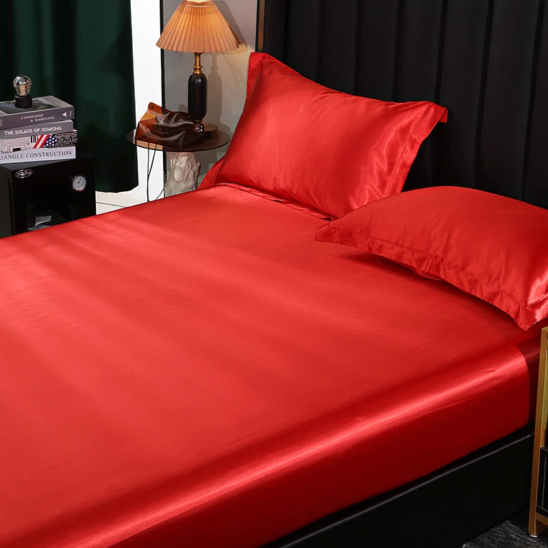 Mulberry Silk Bed Sheet Set with Fitted Sheet Flat Sheets Pillowcase Luxury Solid Color Bedding Sets Wrinkle-Free Antiallergic