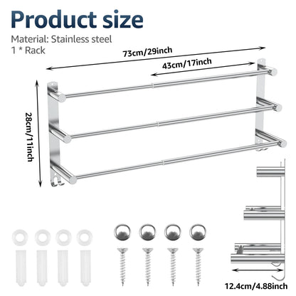 Bathroom 3 Tier Towel Shelf Stainless Steel Towel Rack with Bar Space Saving Towel Hangers Bath Storage Wall Mounted Organizer