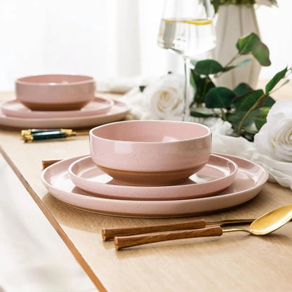 Ceramic Dinnerware Sets for 6, 24Pieces Handpainted Plates and Bowls Set with Rustic Terracotta Underside, Scratch Resistant Sto