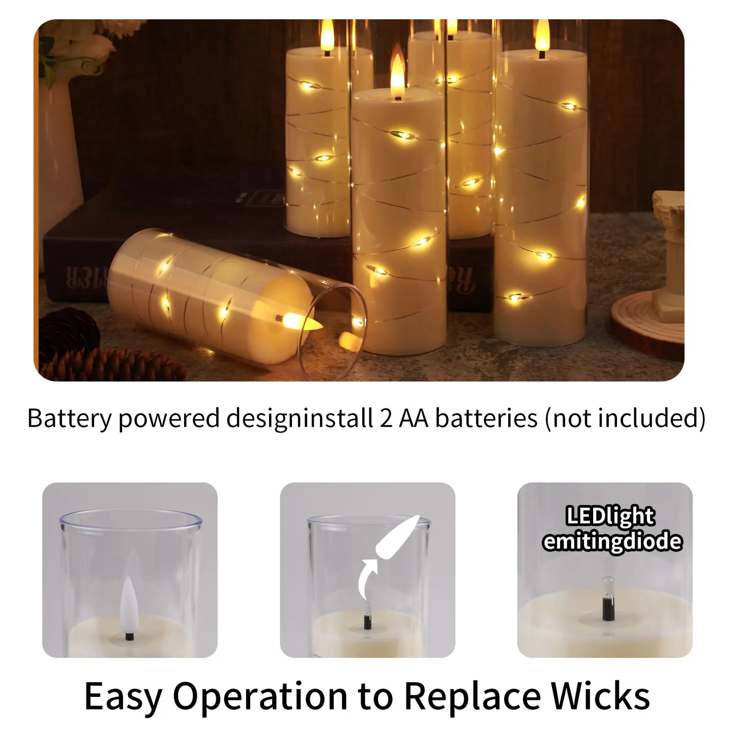 Flickering Flameless LED Candles 5 Pcs with Embedded Star String Acrylic Pillar Candle with Remote Suitable for Home Decrotion