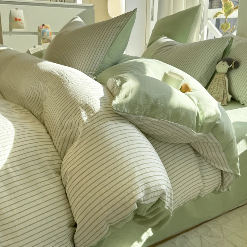 Ins Stripes 100% Washed Cotton Bedding Set with Pillowcase Bed Sheet Quilt Cover Single Double King Queen Size Duvet Cover Set