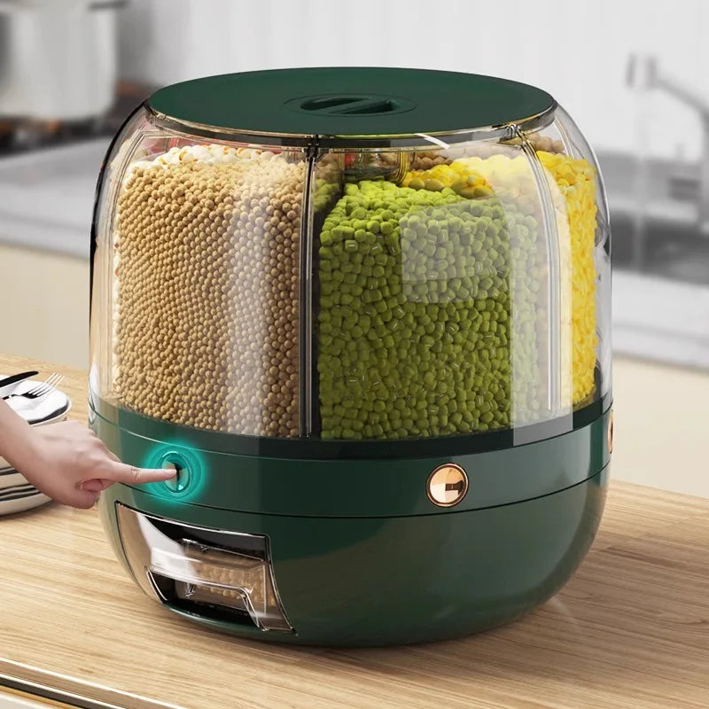 Rice bucket divided into grids, rotating, multi grid storage box for miscellaneous grains, household moisture-proof