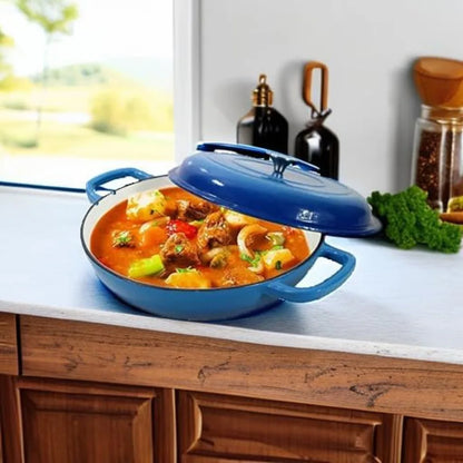 Enameled Cast Iron Dutch Oven 3.8 Quart Pot with Lid - Blue Heavy Duty Dual Handled Skillet - Ideal Family or Friend Gift
