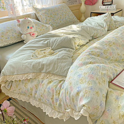 INS Princess Bedding Set Ruffle Lace Quilt Cover Romantic Bedclothes Woman Girls Home Decor Duvet Cover Set Korean Style Floral