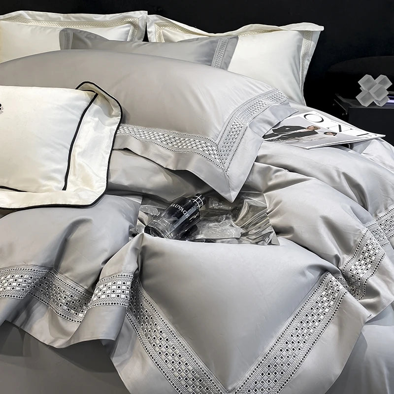 Egyptian Cotton Hollow Edge Luxury Bedding Set, White, Grey, Pink, Blue,1 Duvet Cover,2 Pillowcases,1 Flat Sheet Or Fitted Sheet