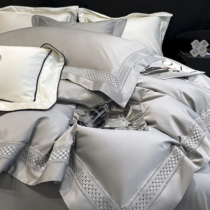 Egyptian Cotton Hollow Edge Luxury Bedding Set, White, Grey, Pink, Blue,1 Duvet Cover,2 Pillowcases,1 Flat Sheet Or Fitted Sheet