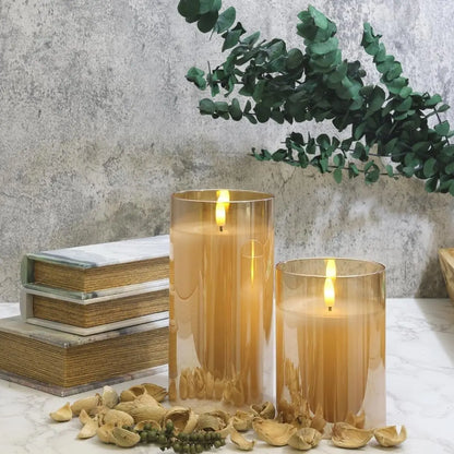 Set of 3 Flameless Rechargeable LED Candles Flickering Remote control w/charging cable Ivory/Gold/Gray Glass pillar candle lamp