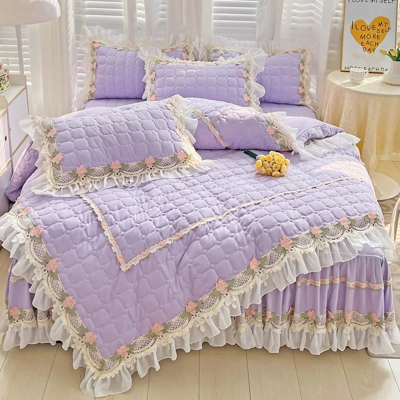 Pink Korean Princess Style Bedding Set Flowers Lace Ruffles Embroidery Quilted Thick Duvet Cover Bedspread Bed Skirt Pillowcases
