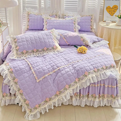 Pink Korean Princess Style Bedding Set Flowers Lace Ruffles Embroidery Quilted Thick Duvet Cover Bedspread Bed Skirt Pillowcases