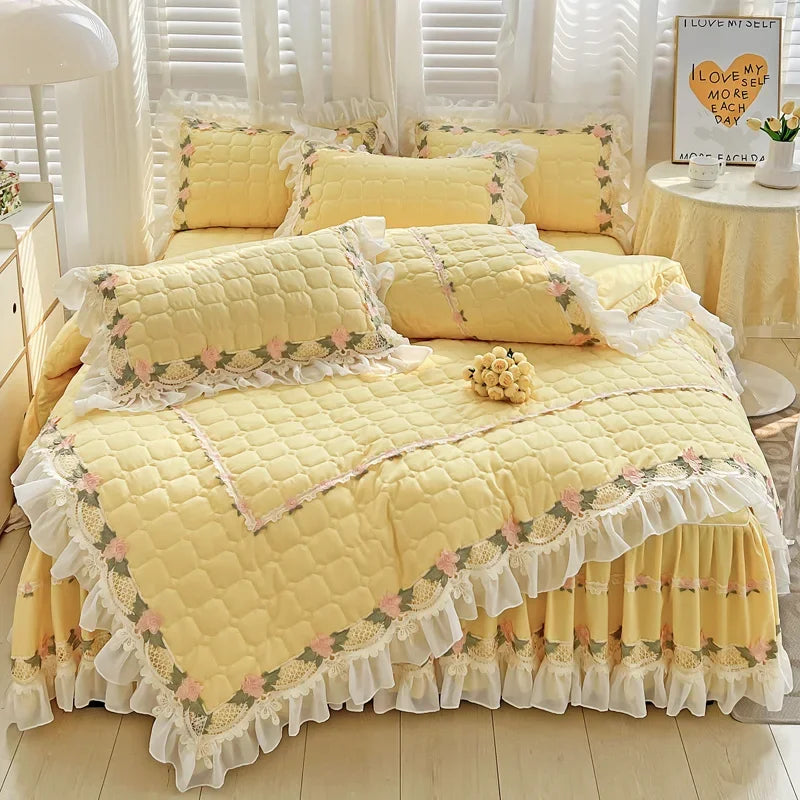 Pink Korean Princess Style Bedding Set Flowers Lace Ruffles Embroidery Quilted Thick Duvet Cover Bedspread Bed Skirt Pillowcases