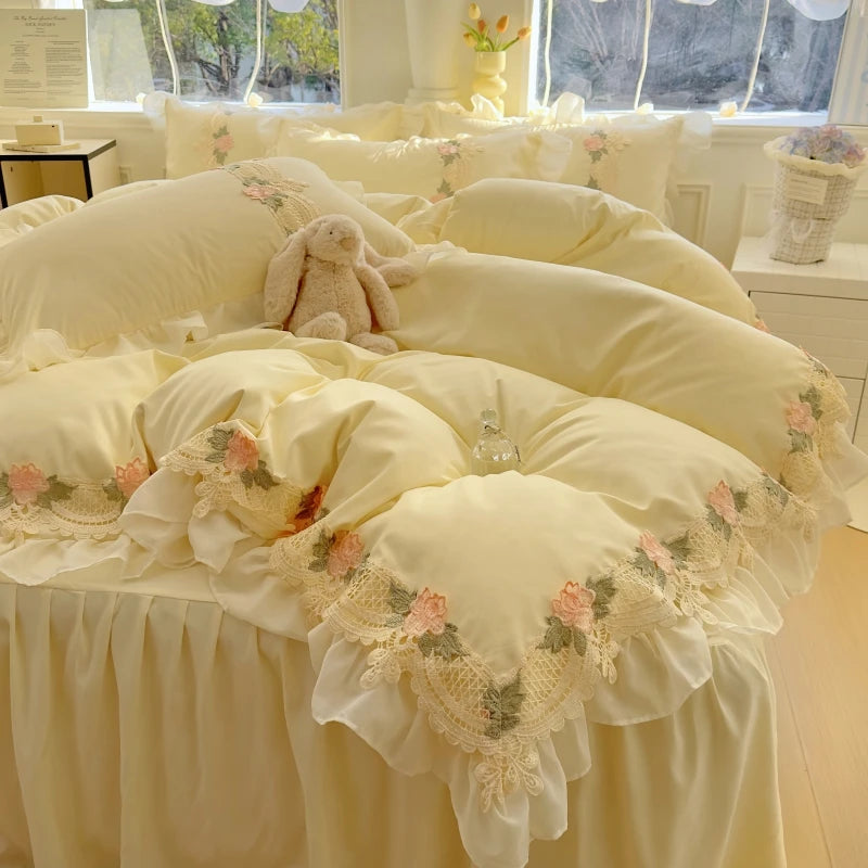 2026 New INS Princess Style Bedding Sets Ruffle Lace Bow Quilt Cover Romantic Bedclothes Woman Girls Bedroom Duvet Cover 4pcs