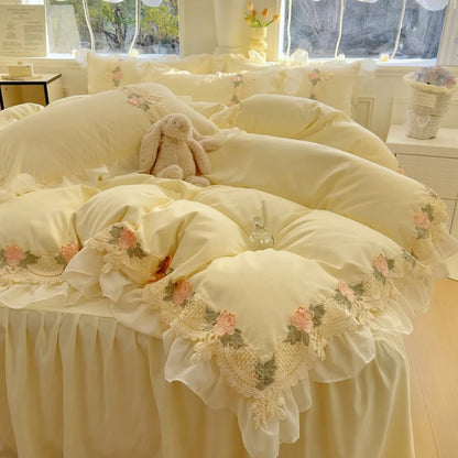 2026 New INS Princess Style Bedding Sets Ruffle Lace Bow Quilt Cover Romantic Bedclothes Woman Girls Bedroom Duvet Cover 4pcs