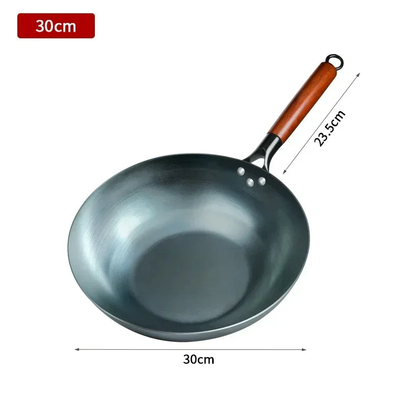 Flat Bottom Wok Pan 13.5" Woks and Stir Fry Pans Blue iron Cookware Traditional Chinese Cookware for Electric Induction Cooktops