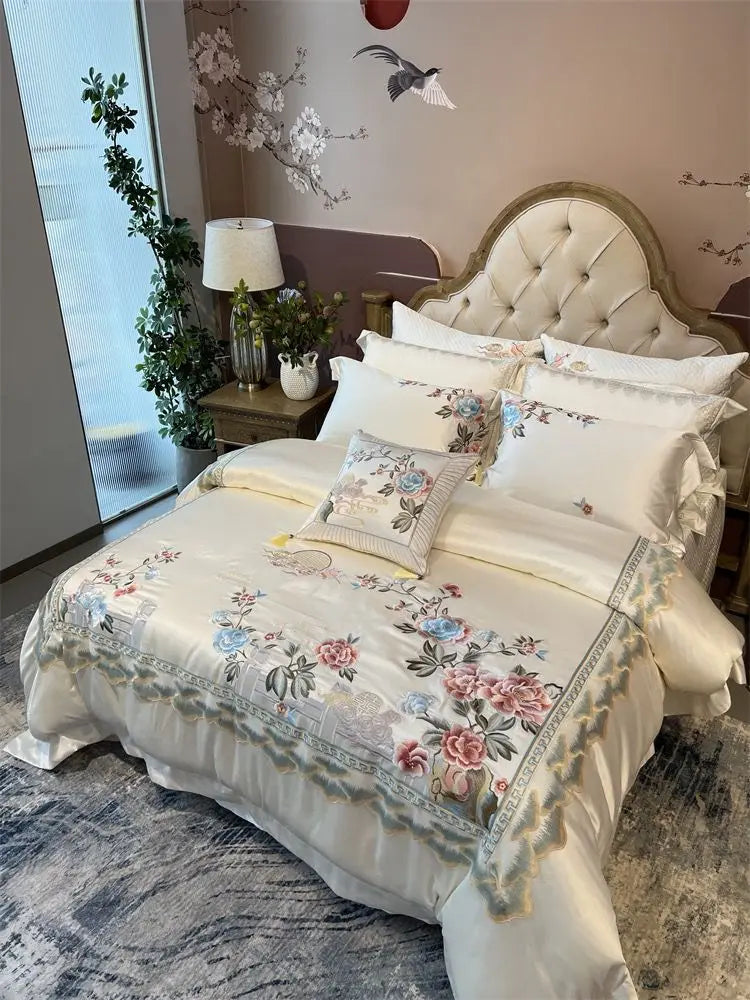 High Precision Brocade And Egyptian Cotton Peony Flowers Embroidered Bedding Set Duvet Cover Set Bed Sheet Bedspread Pillowcase