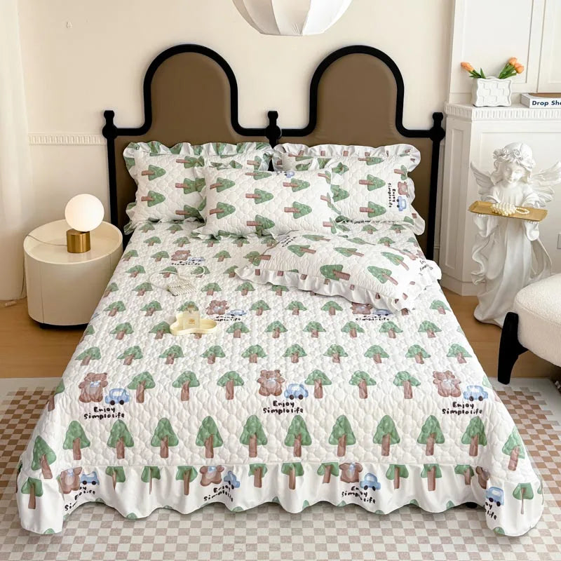 Bonenjoy Bedspread Quilted Bed Cover Ruffles Mattress Protector Thicken Bed Linen Printed Sheets colchas (Pillowcase Need Order)