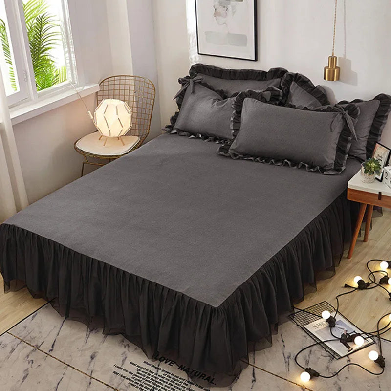 Korean Bed Skirt Bedding Sets with Ruffled Edges Thickened Princess Brushed Quilt Kit Solid Skin-Friendly Breathable Bedclothes